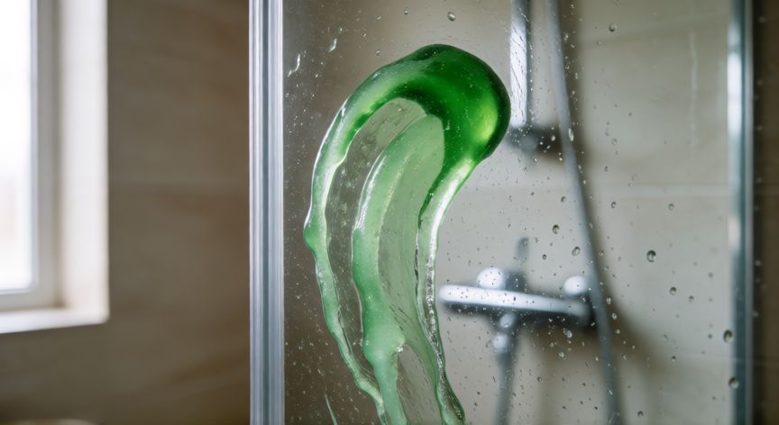 mejor producto para limpiar el baño mercadona, Gel limpiador adherido a una mampara de ducha de vidrio transparente
