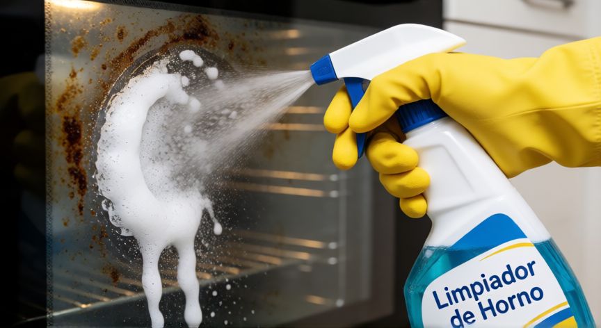 mejor producto para limpiar el horno, Mano con guante aplicando limpiador en espuma sobre la puerta del horno sucio