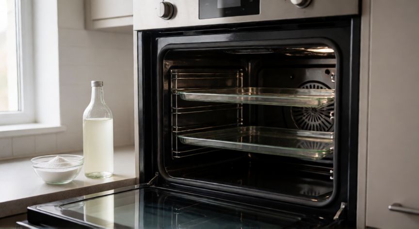 mejor producto para limpiar el horno, Interior de horno limpio junto a ingredientes naturales de limpieza como bicarbonato y vinagre