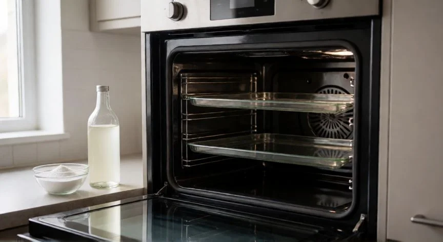 mejor producto para limpiar el horno, Interior de horno limpio junto a ingredientes naturales de limpieza como bicarbonato y vinagre