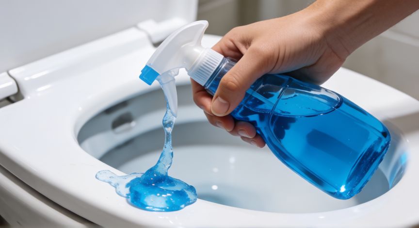mejor producto para limpiar el inodoro, Aplicando limpiador en gel azul bajo el borde del inodoro