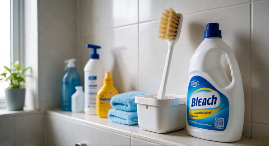 mejor producto para limpiar el inodoro, Productos de limpieza para inodoro en una repisa de baño