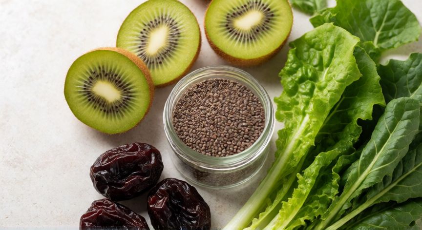 mejor producto para limpiar el intestino, Alimentos ricos en fibra como chía, kiwi y verduras para limpiar el intestino