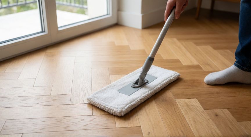 mejor producto para limpiar el parquet, Persona limpiando suelo de parquet de roble con mopa de microfibra