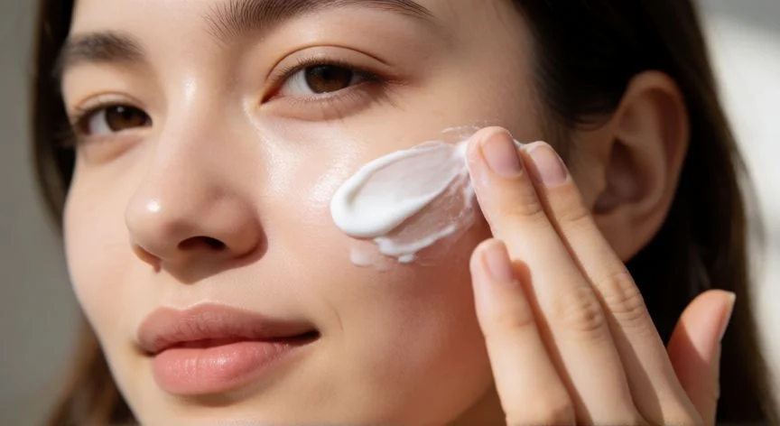 Mujer aplicando limpiador facial cremoso sobre su mejilla con luz natural