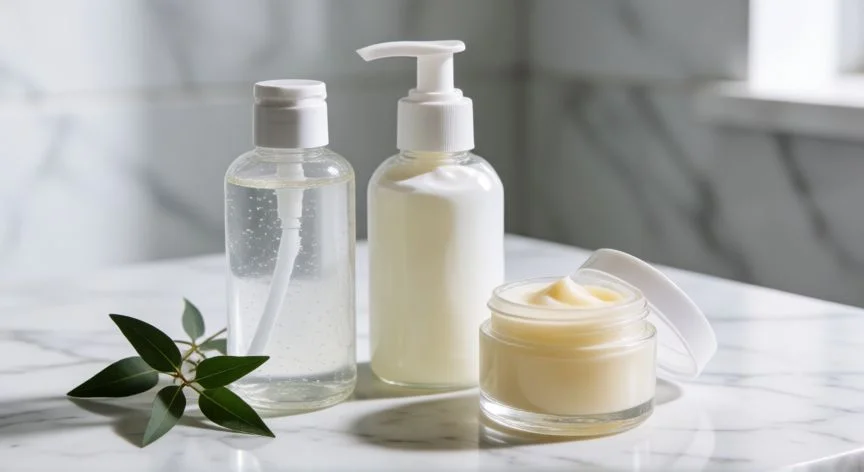 mejor producto para limpiar el rostro, Varios tipos de limpiadores faciales dispuestos sobre una superficie de mármol blanco