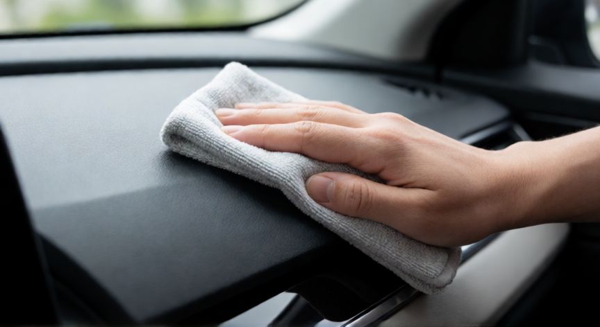 mejor producto para limpiar el salpicadero del coche, Limpieza detallada de un salpicadero de coche con paño de microfibra