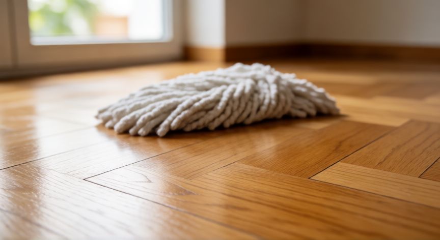mejor producto para limpiar el suelo, Suelo de madera parquet limpio y brillante con una mopa de microfibra al fondo