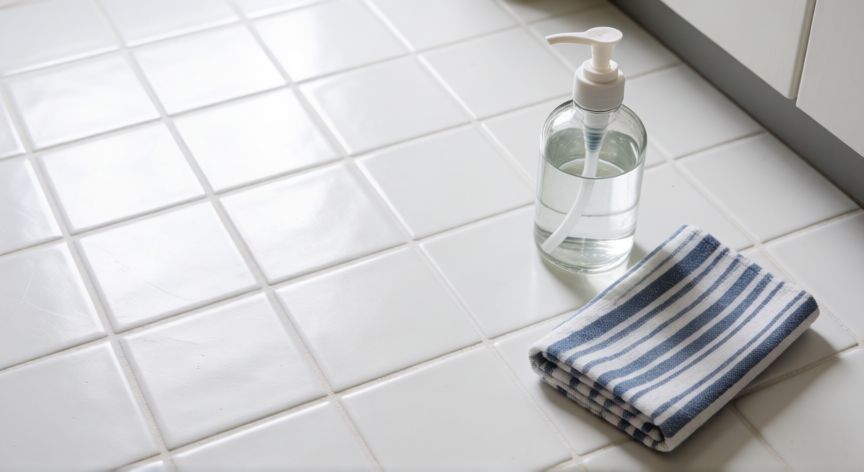 mejor producto para limpiar el suelo, Detergente líquido y paño de limpieza sobre un suelo de baldosas blancas pulido