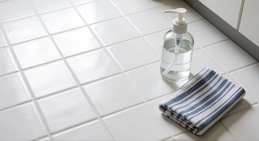 mejor producto para limpiar el suelo, Detergente líquido y paño de limpieza sobre un suelo de baldosas blancas pulido