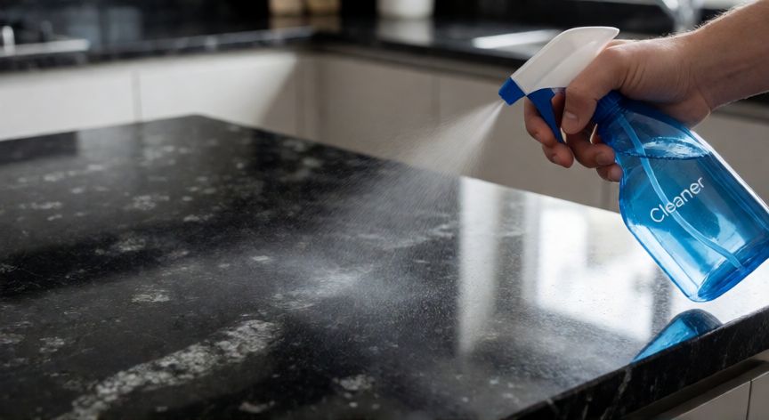 mejor producto para limpiar encimera granito, Mano aplicando limpiador específico en encimera de granito pulido