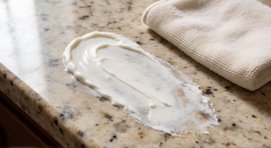 mejor producto para limpiar encimera granito, Aplicación de pasta removedora de manchas sobre superficie de granito