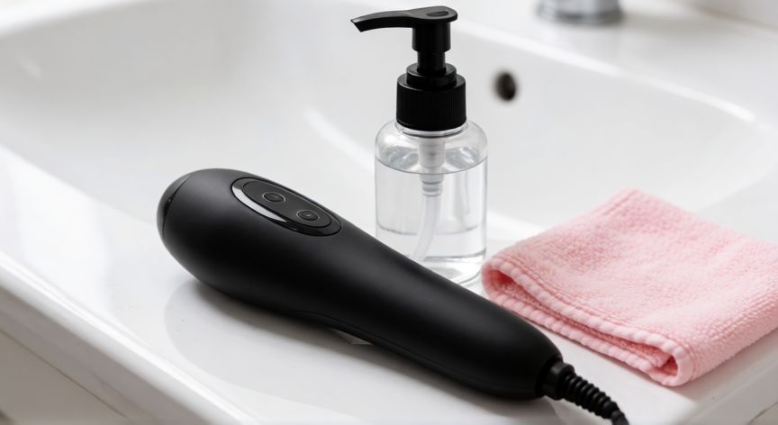 mejor producto para limpiar fap, Juguete íntimo de silicona limpio junto a una botella de limpiador específico y paño de microfibra en un lavabo blanco