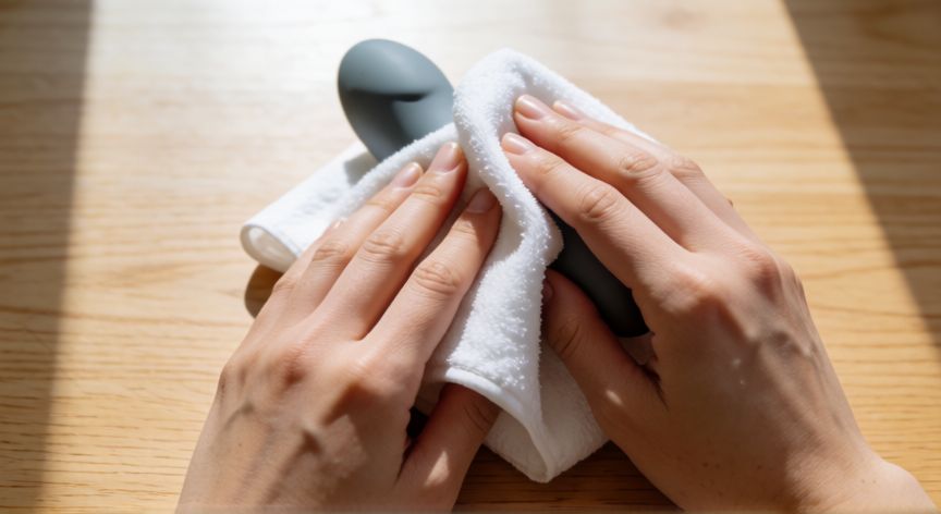 mejor producto para limpiar fap, Manos secando un dispositivo íntimo de silicona gris con papel de cocina suave sobre una mesa de madera clara