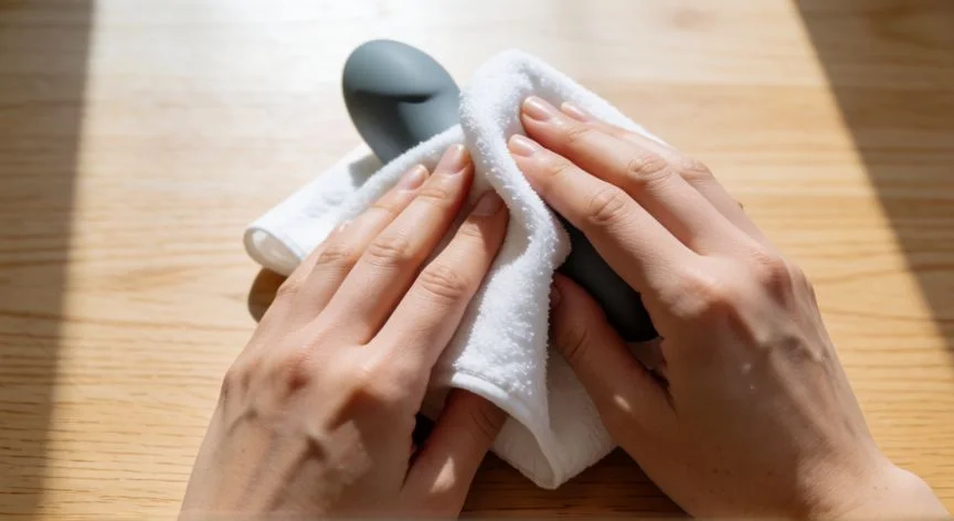 mejor producto para limpiar fap, Manos secando un dispositivo íntimo de silicona gris con papel de cocina suave sobre una mesa de madera clara