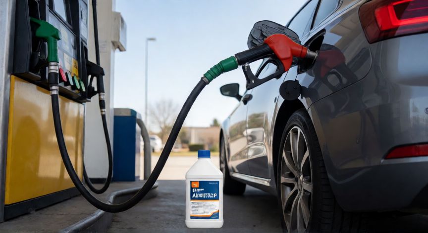 mejor producto para limpiar filtro de particulas, Botella de aditivo para combustible junto al depósito de un coche diésel en una gasolinera