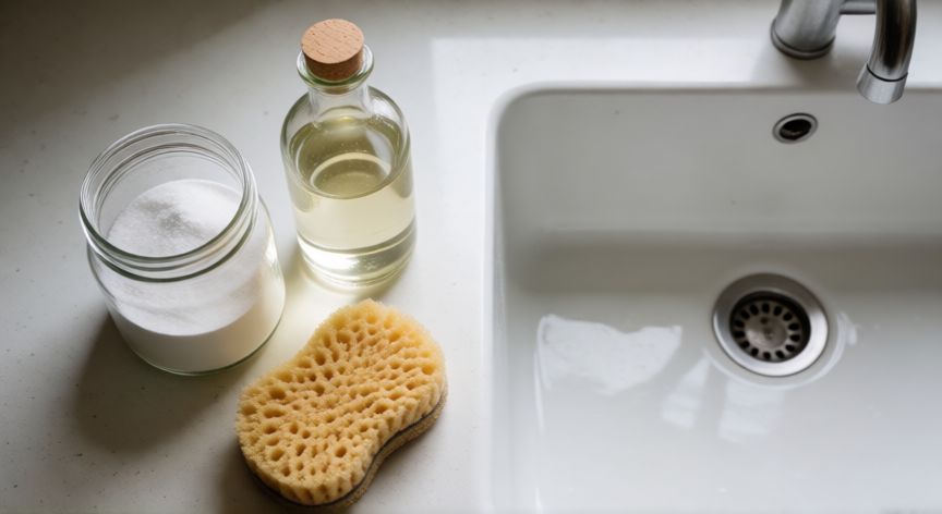 mejor producto para limpiar fregadero, Kit de limpieza ecológica con bicarbonato y vinagre junto a un fregadero blanco