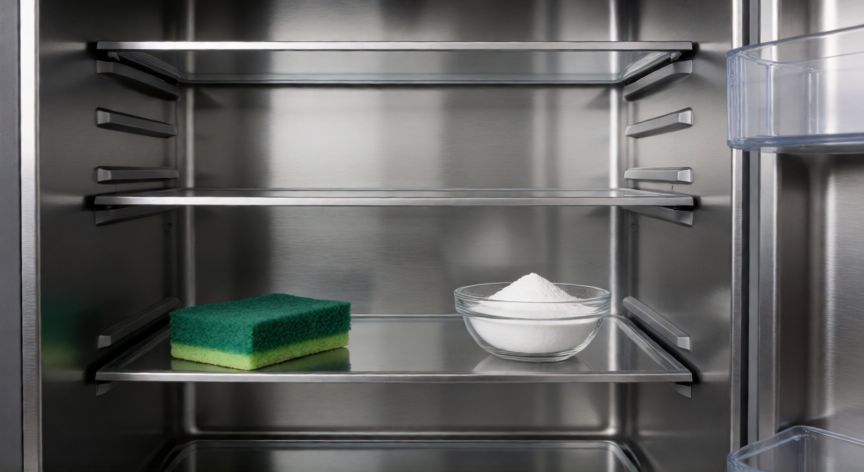 mejor producto para limpiar frigorífico, Interior de frigorífico limpio con bicarbonato y esponja para la desinfección