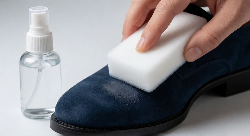 mejor producto para limpiar gamuza, Limpieza de mancha en zapato de gamuza azul con esponja mágica húmeda