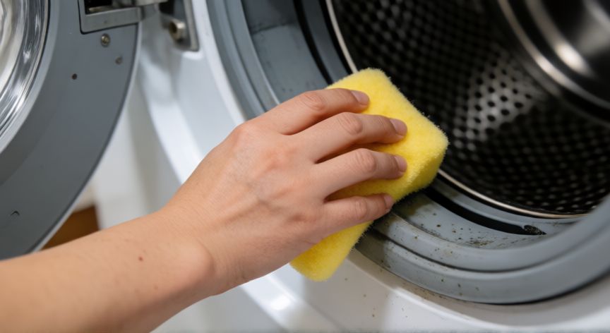 mejor producto para limpiar goma lavadora, Persona limpiando la goma de la puerta de una lavadora con una esponja