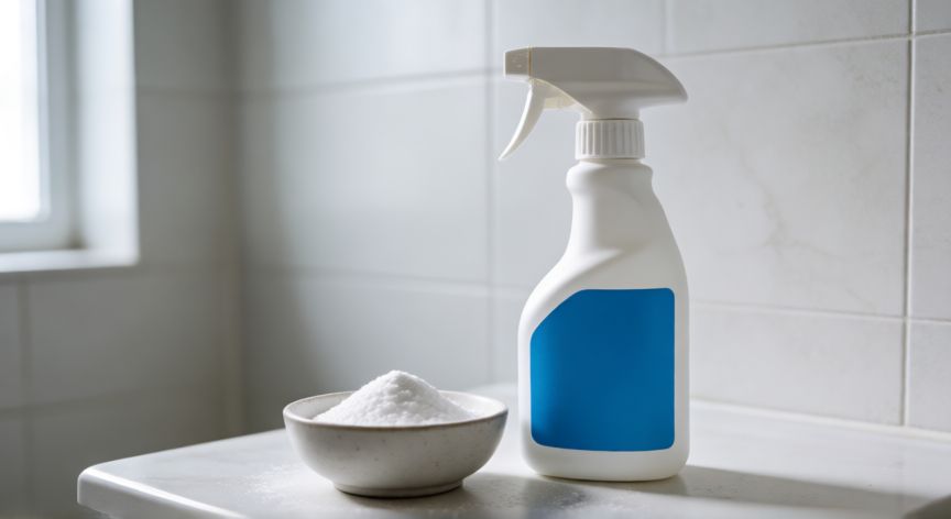 mejor producto para limpiar goma lavadora, Botella de vinagre y cuenco con bicarbonato para limpieza casera