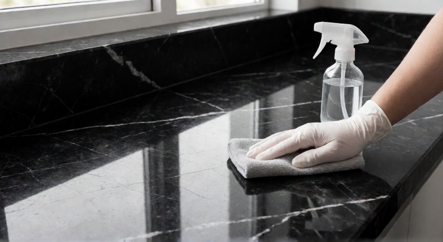 mejor producto para limpiar granito, Mano limpiando encimera de granito negro con paño microfibra