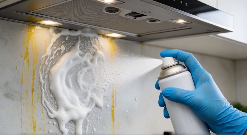 mejor producto para limpiar grasa cocina, Aplicación de desengrasante en espuma sobre campana extractora con grasa