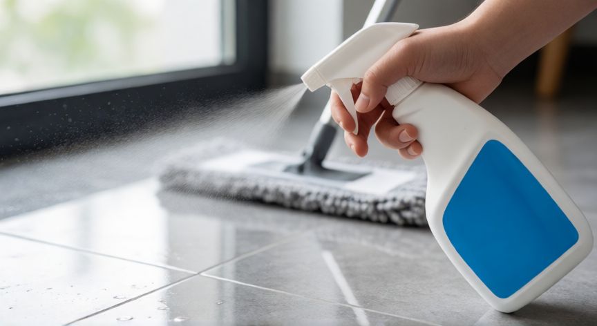 mejor producto para limpiar gres, Mano aplicando limpiador en spray sobre suelo de gres porcelánico gris