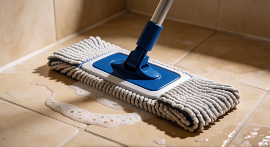 mejor producto para limpiar gres, Mopa de microfibra limpiando esquinera de suelo cerámico con agua jabonosa
