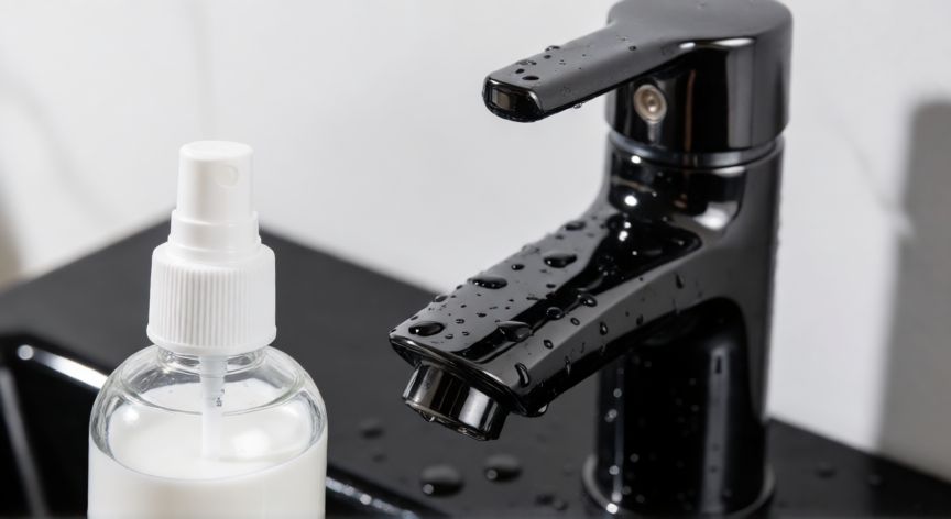 mejor producto para limpiar grifos negros, Aplicando limpiador suave en un grifo negro brillante para eliminar manchas