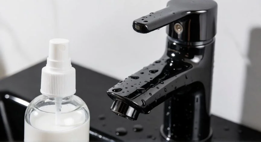mejor producto para limpiar grifos negros, Aplicando limpiador suave en un grifo negro brillante para eliminar manchas