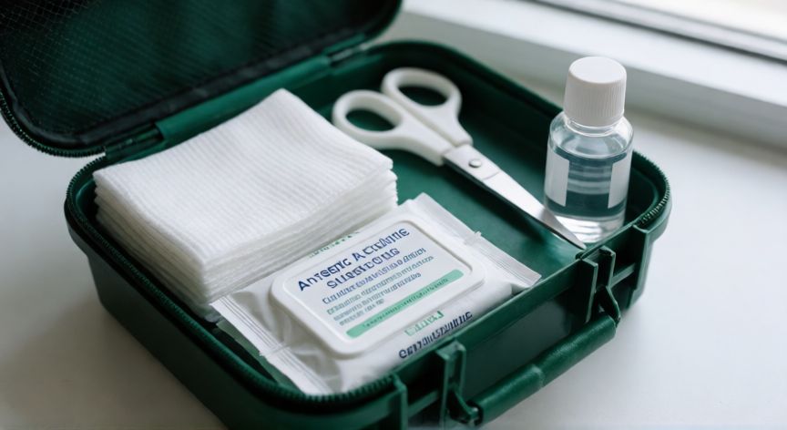 mejor producto para limpiar heridas, Kit de primeros auxilios organizado con suero y gasas