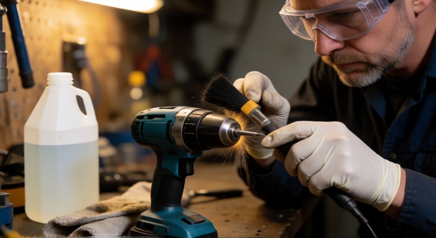 mejor producto para limpiar herramientas, Técnico limpiando un taladro eléctrico con cepillo y alcohol isopropílico