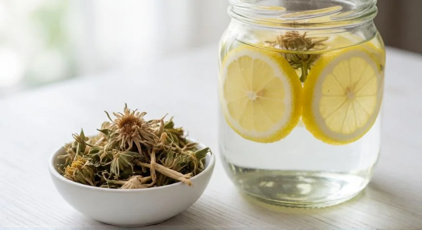 Vaso de agua con limón y flor de cardo mariano sobre mesa de madera