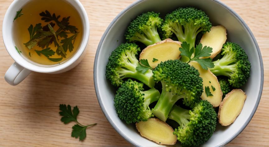 mejor producto para limpiar higado, Bol de brócoli al vapor con jengibre y té de hierbas