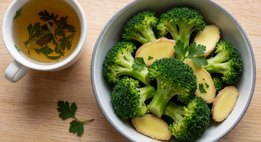 mejor producto para limpiar higado, Bol de brócoli al vapor con jengibre y té de hierbas