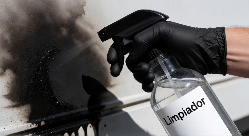mejor producto para limpiar hollín, Aplicando limpiador químico sobre superficie con hollín