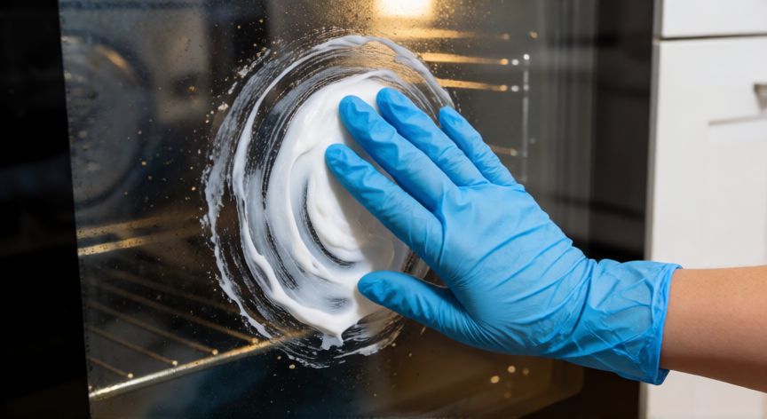 mejor producto para limpiar horno, Aplicando limpiador de horno en gel sobre la puerta del electrodoméstico