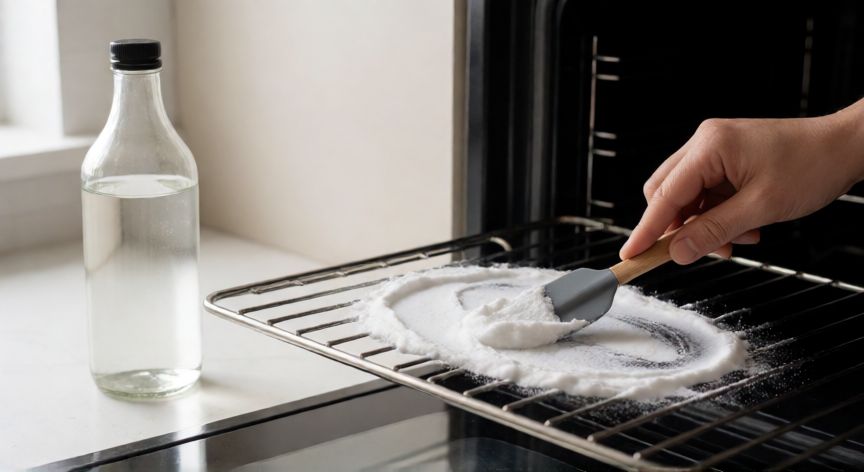 mejor producto para limpiar horno, Pasta de bicarbonato de sodio aplicada en la rejilla del horno junto a vinagre