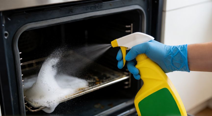 mejor producto para limpiar horno eléctrico, Aplique un limpiador en espuma al interior de un horno eléctrico con guantes de protección