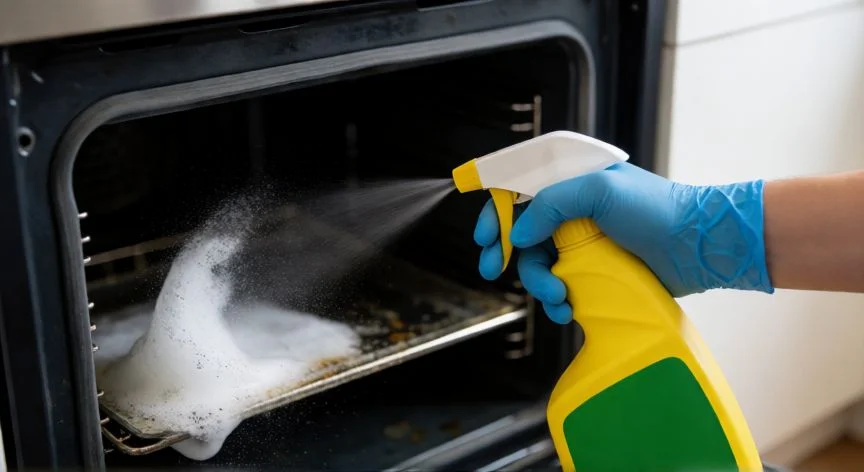 Aplique un limpiador en espuma al interior de un horno eléctrico con guantes de protección