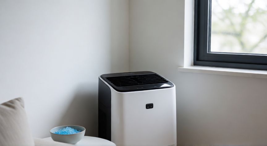mejor producto para limpiar humedades, Deshumidificador eléctrico moderno en una sala de estar luminosa