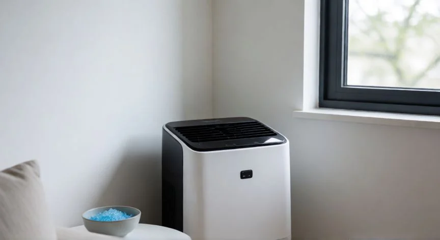Deshumidificador eléctrico moderno en una sala de estar luminosa