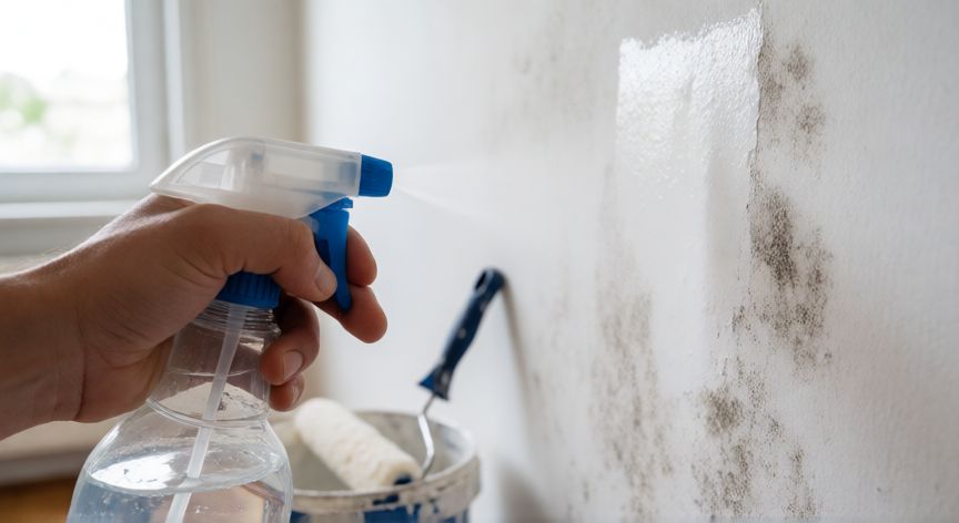 mejor producto para limpiar humedades, Aplicación de solución desinfectante con vinagre sobre pared con manchas de humedad