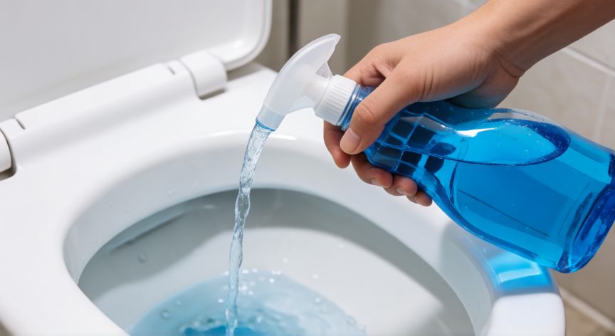 mejor producto para limpiar inodoros, Viendo líquido desincrustante azul en la taza de un inodoro blanco limpio