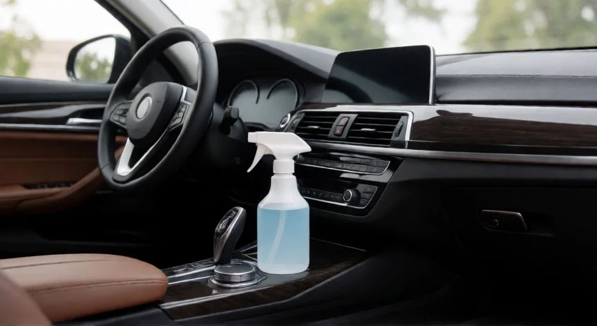 Interior de coche limpio con producto de limpieza en el salpicadero