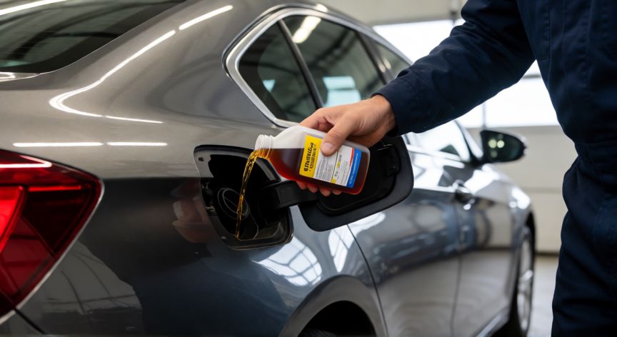 mejor producto para limpiar inyectores, Mecánico añadiendo aditivo limpiador de inyectores al depósito de combustible