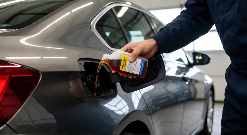 mejor producto para limpiar inyectores, Mecánico añadiendo aditivo limpiador de inyectores al depósito de combustible