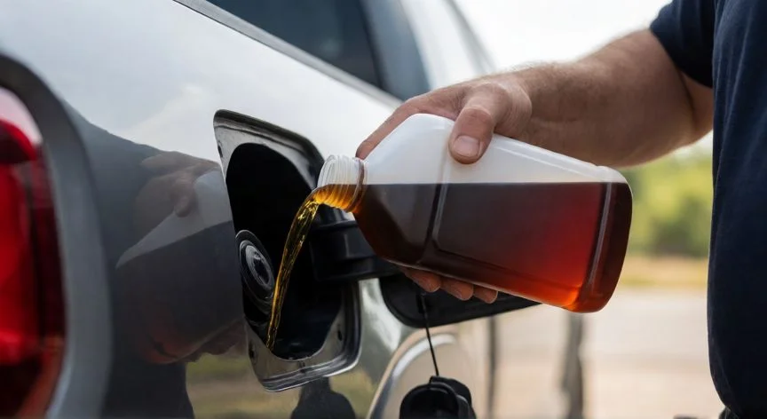 Vertiendo aditivo limpiador de inyectores diésel en el tanque de combustible