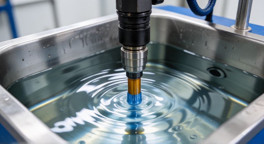mejor producto para limpiar inyectores diesel, Inyector diésel siendo limpiado en un tanque de ultrasonido profesional